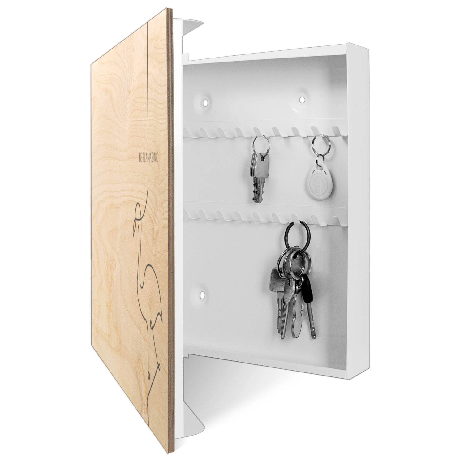 Offener, weißer Banjado Schlüsselkasten mit Flamingo-Motiv auf Holzfront und Schlüsseln an Haken.