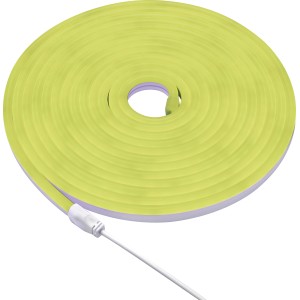 Aufgerollter, gelb leuchtender 5 m LED Lichtschlauch RGB mit Zuleitung.