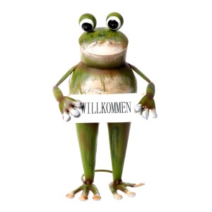 Grüner Deko-Frosch aus Metall mit Willkommen-Schild, 27 cm hoch, für die Gartendekoration.