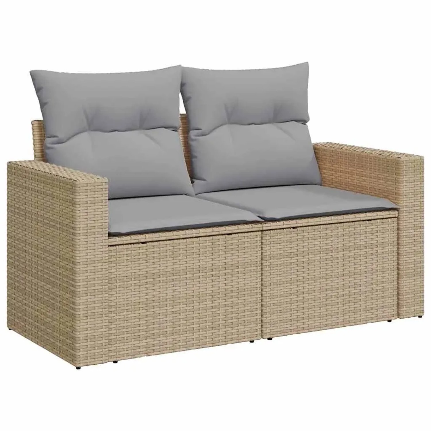 Beiges vidaXL Garten-Sofa-Set aus Polyrattan, 12-teilig mit grauen Kissen.