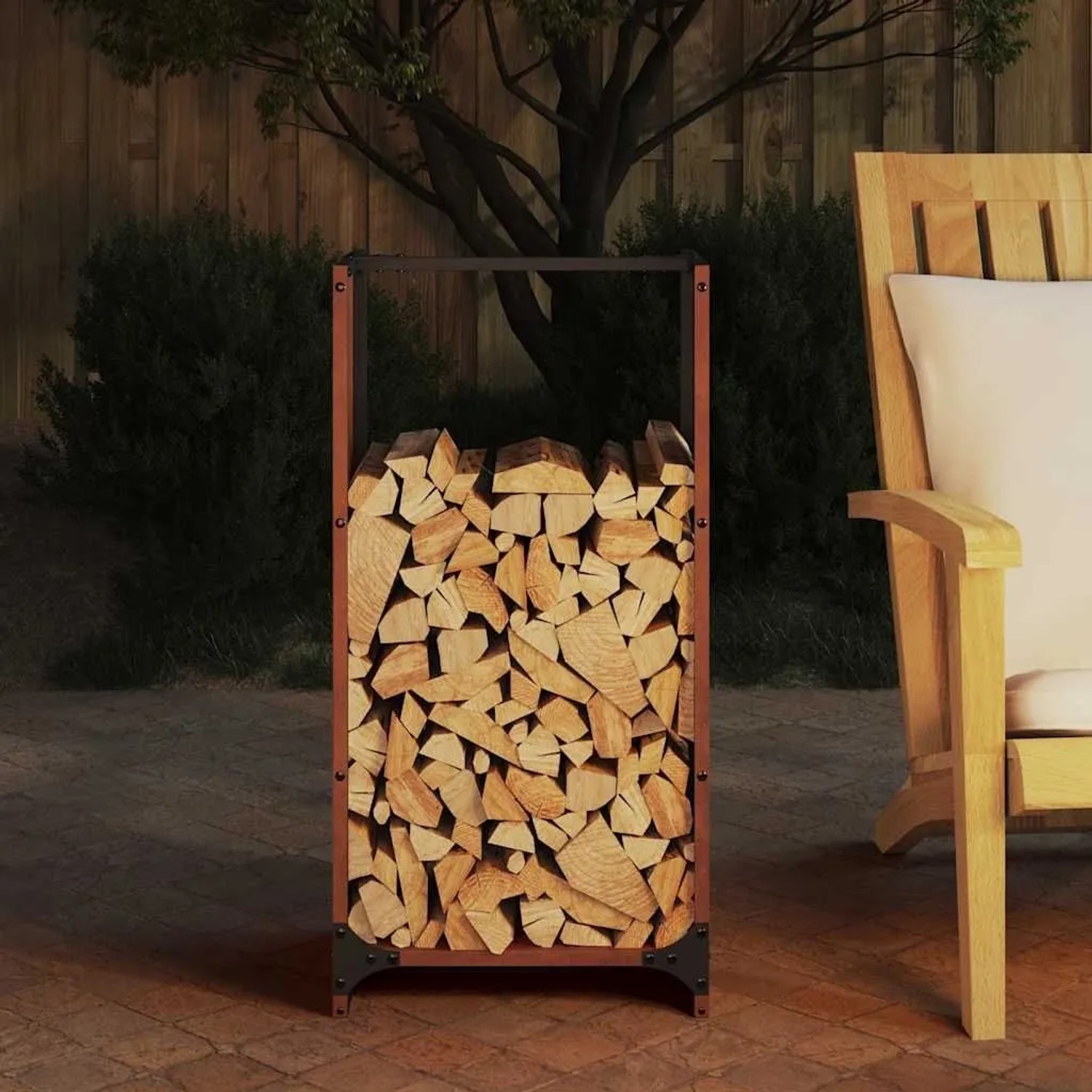 vidaXL Brennholzregal aus wetterfestem Stahl, 40x30x80 cm, gefüllt mit Holzscheiten auf einer Terrasse.