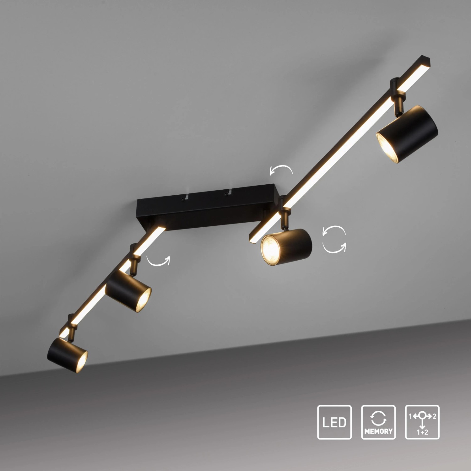 Schwarze Paul Neuhaus LED-Deckenleuchte Barik mit 4 schwenkbaren Spots und LED-Leiste.