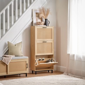 SoBuy Schuhkipper FSR155-N mit 3 Klappen in Natur, offene Schuhkommode im Flur.