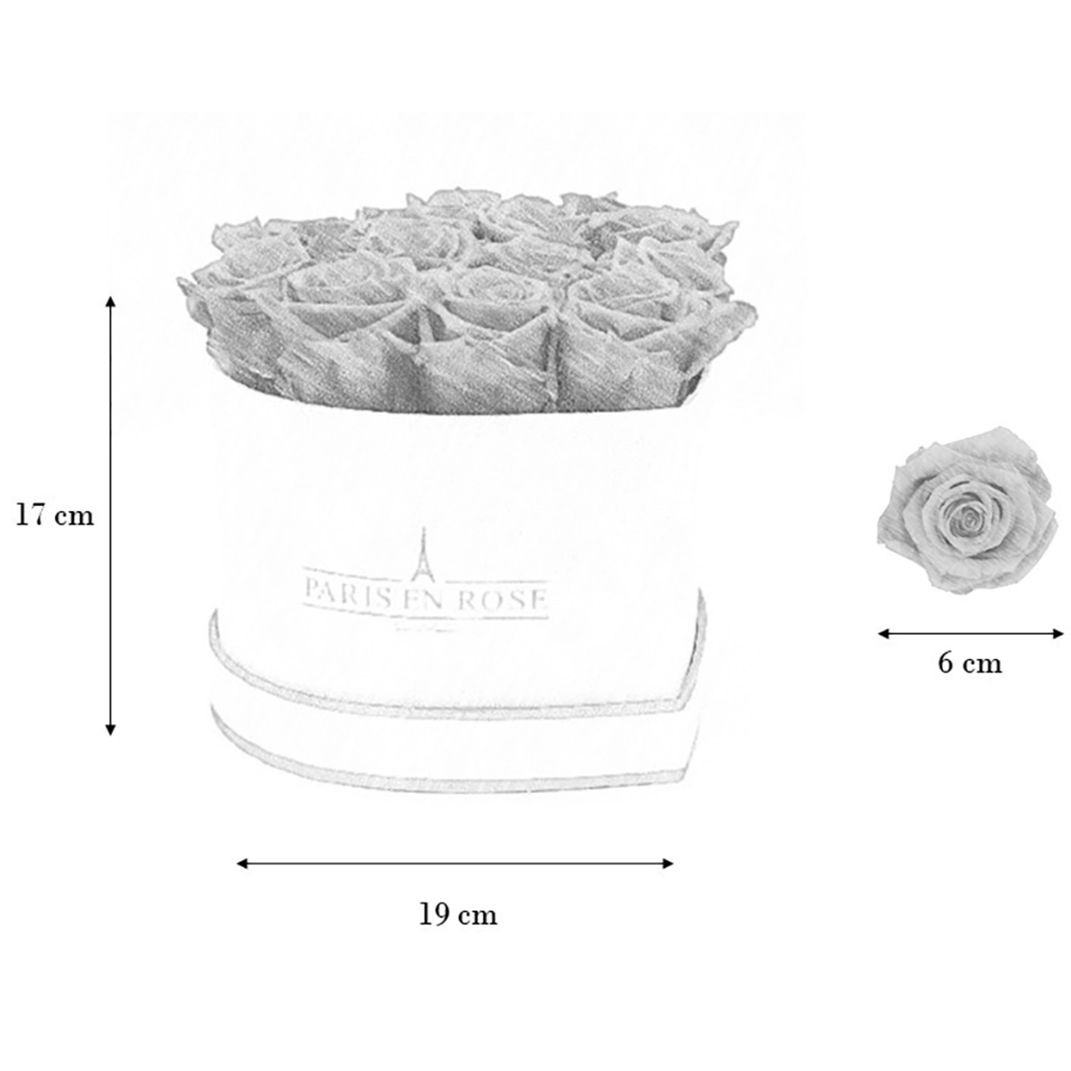 Herzförmige Rosenbox mit 13 weißen Rosen (6 cm) in weiß-schwarzer Box. Dekorativer Blumenstrauß.