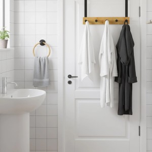 Relaxdays Türgarderobe und Handtuchring Set Bambus Eisen Schwarz Selbstklebend 24 cm x 45 cm x 8,5 cm