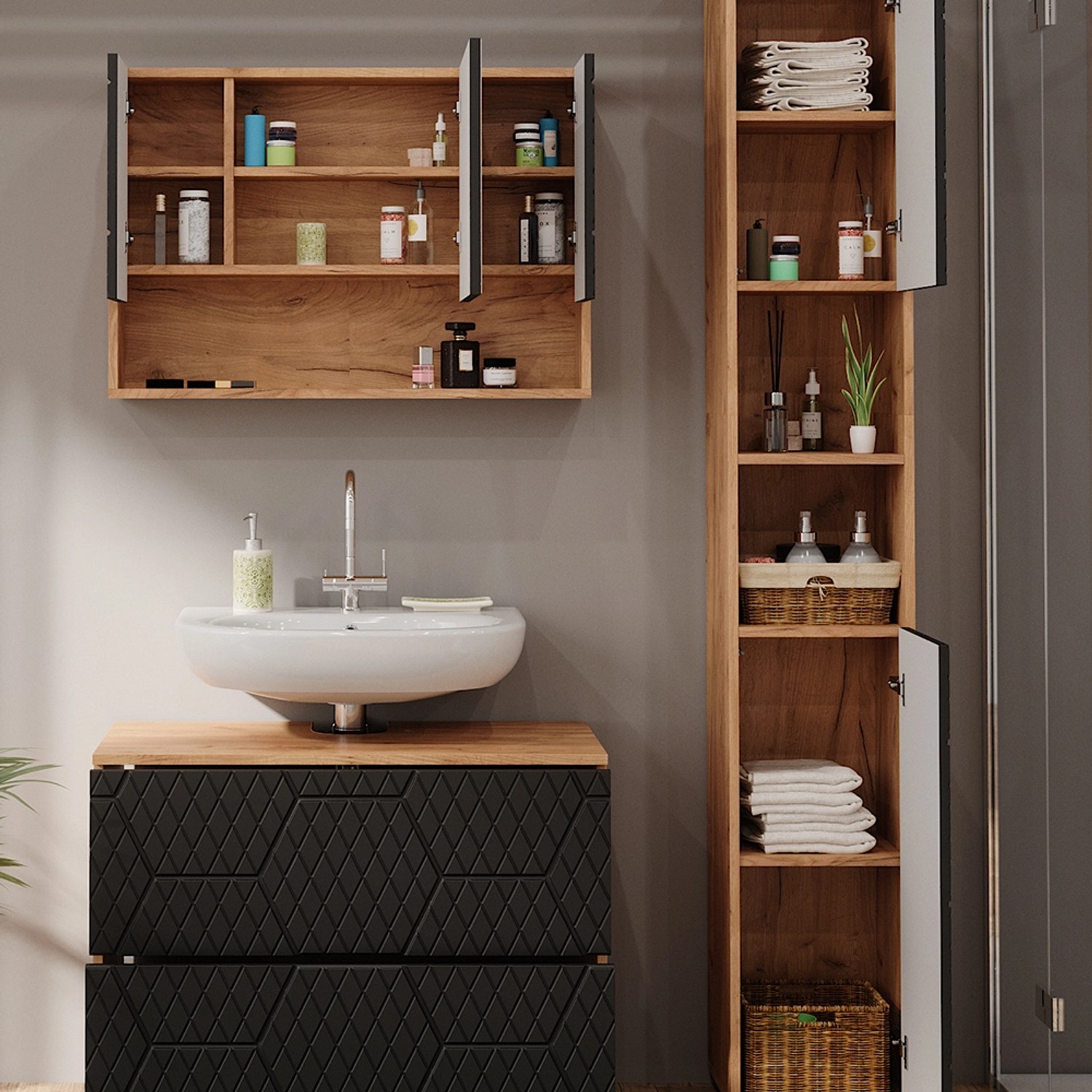 Vicco Badmöbel-Set Irma, 3-teilig in Eiche/Anthrazit mit Spiegelschrank (80 cm).