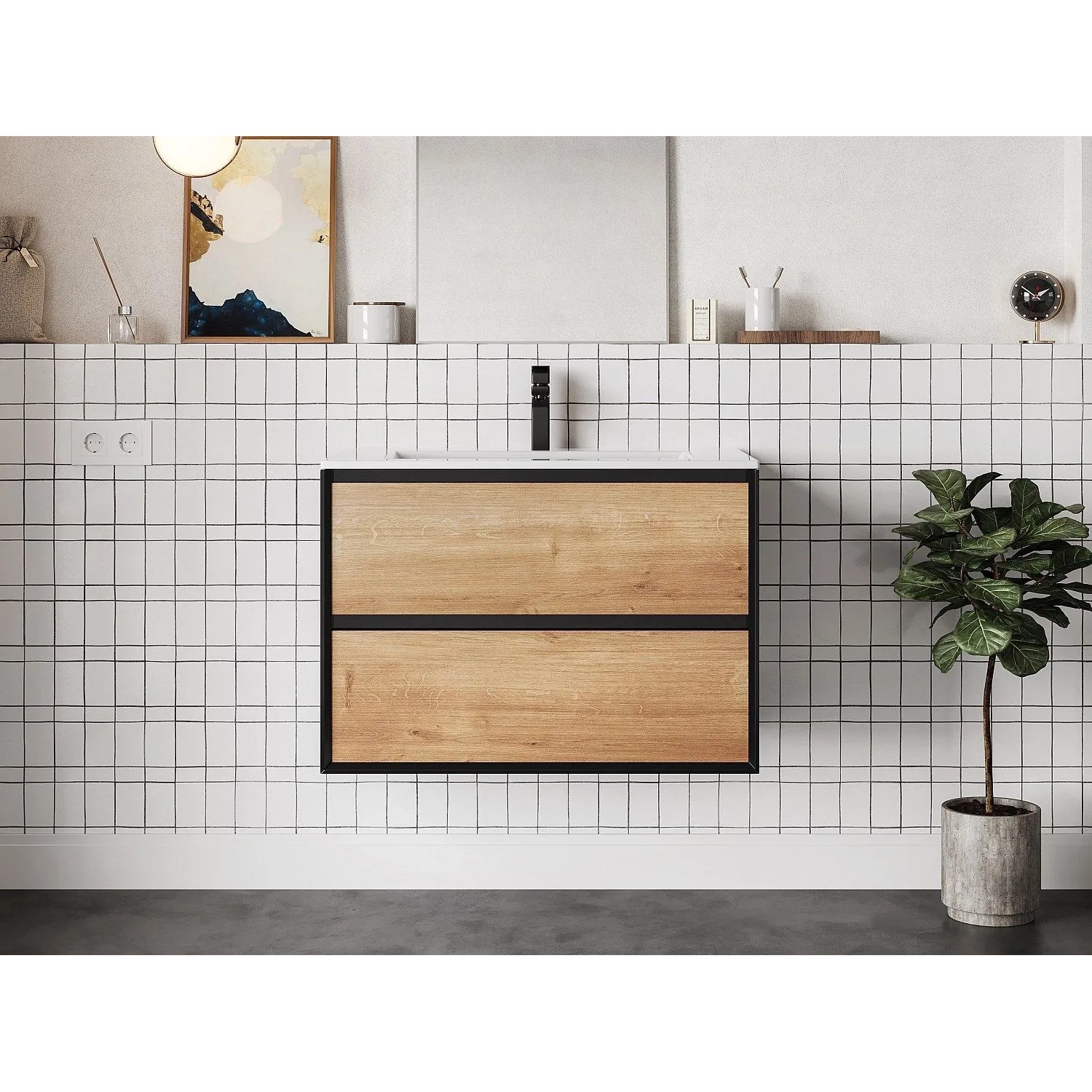 Vente-unique Einzelwaschtisch Lannick Schwarz  Naturfarben Hell 80 cm
