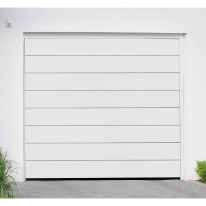 Weißes Garagentor IsoMatic 250x212,5 cm mit Antrieb und Holzstruktur Prägung.