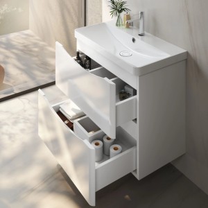 AICA Badmöbel-Set, 50 cm, mit Waschbecken, Unterschrank und zwei offenen Schubladen in Hochglanz Weiß.