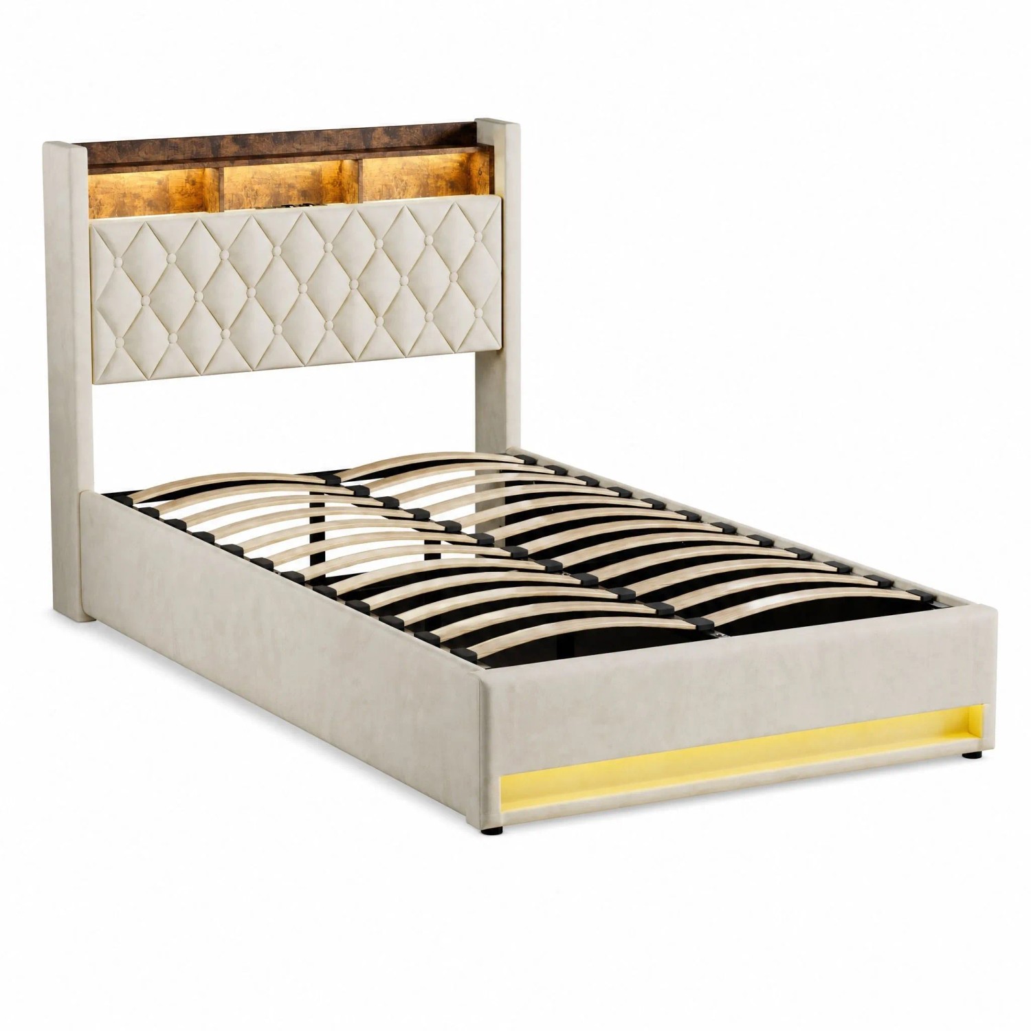 okwish Polsterbett mit LED Beleuchtung USB Steckdosen Schlafzimmer 140x 200 cm Beige