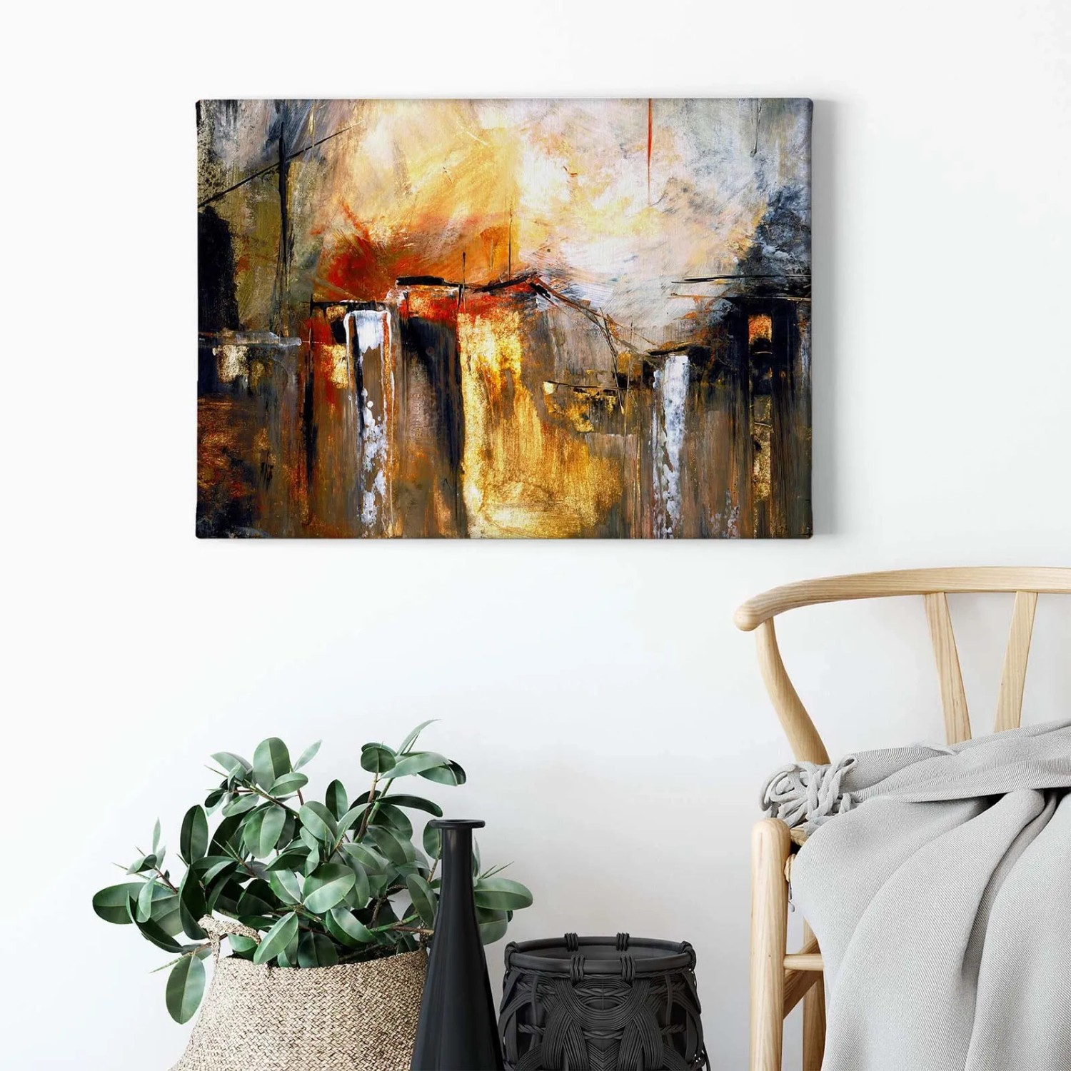 Abstraktes Leinwandbild in Orange und Braun, modernes Wandbild für Wohnzimmer.