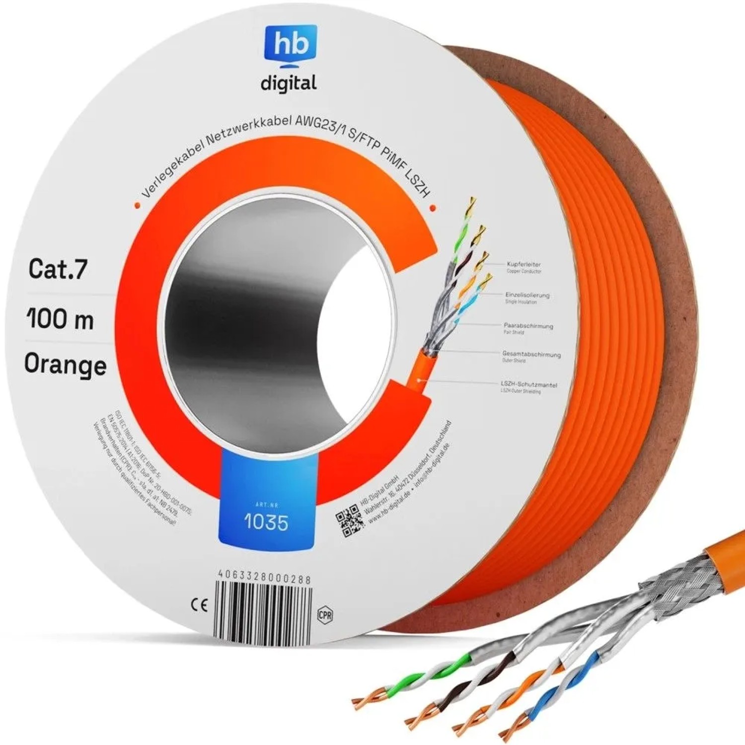 hb-digital Netzwerkkabel CAT 7 S/FTP AWG23 LSZH 1000 MHz 100 m orange ...
