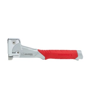 Arrow Hammertacker HT50MG für Flachdrahtklammern, robustes Magnesiumgehäuse und roter Griff.
