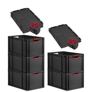 PROREGAL SparSet: 5 schwarze Euroboxen mit roten Griffen und Auflagedeckel. Eurobehälter für Lagerung und Transport.
