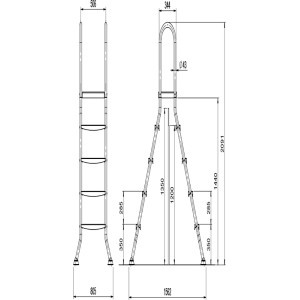 Technische Zeichnung: Steinbach Aufstellbeckenleiter Edelstahl, 4+4 Stufen für 120-135cm Beckenhöhe.