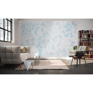 Komar Vlies Fototapete mit Mickey Mouse Skizzen in blau auf weiß im Wohnraum, 400x250 cm.