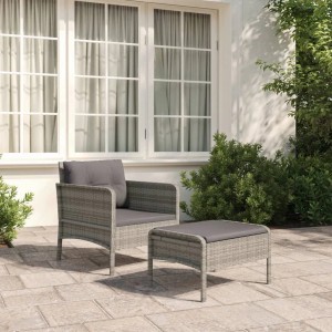 Graues 2-tlg. Garten-Lounge-Set aus Polyrattan mit Kissen, bestehend aus Stuhl und Hocker.