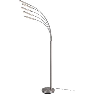 Moderne LED Stehleuchte Reed in Nickel matt mit fünf Leuchten für Wohnzimmer.