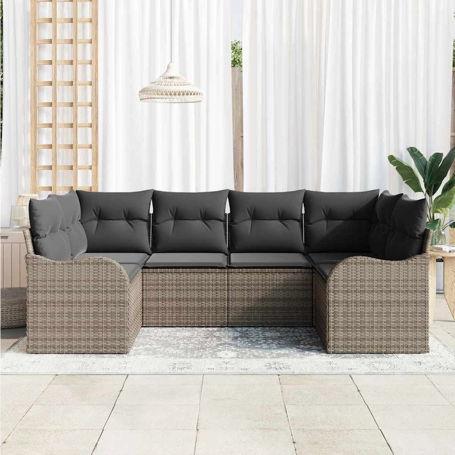 Graues 6-tlg. vidaXL Garten-Sofa-Set aus Polyrattan mit Kissen für Terrasse und Garten.