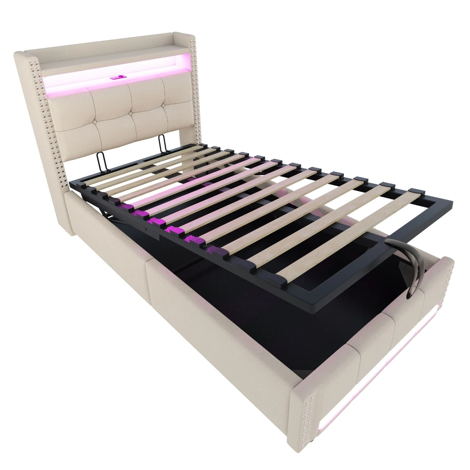 okwish Kinderbett 90x200cm mit LED USB C Stauraum Kinderzimmer Beige ohne Matratze