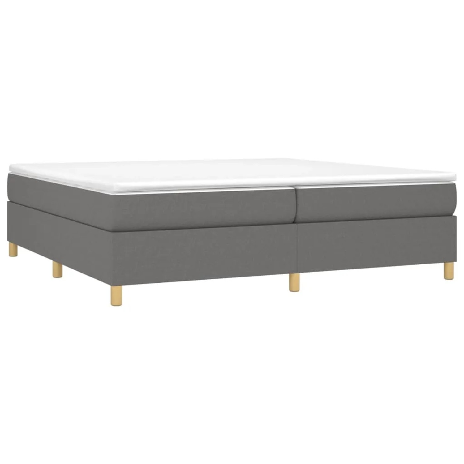 Dunkelgraues vidaXL Boxspringbett (200x200 cm) mit Stoffbezug und Holzfüßen.