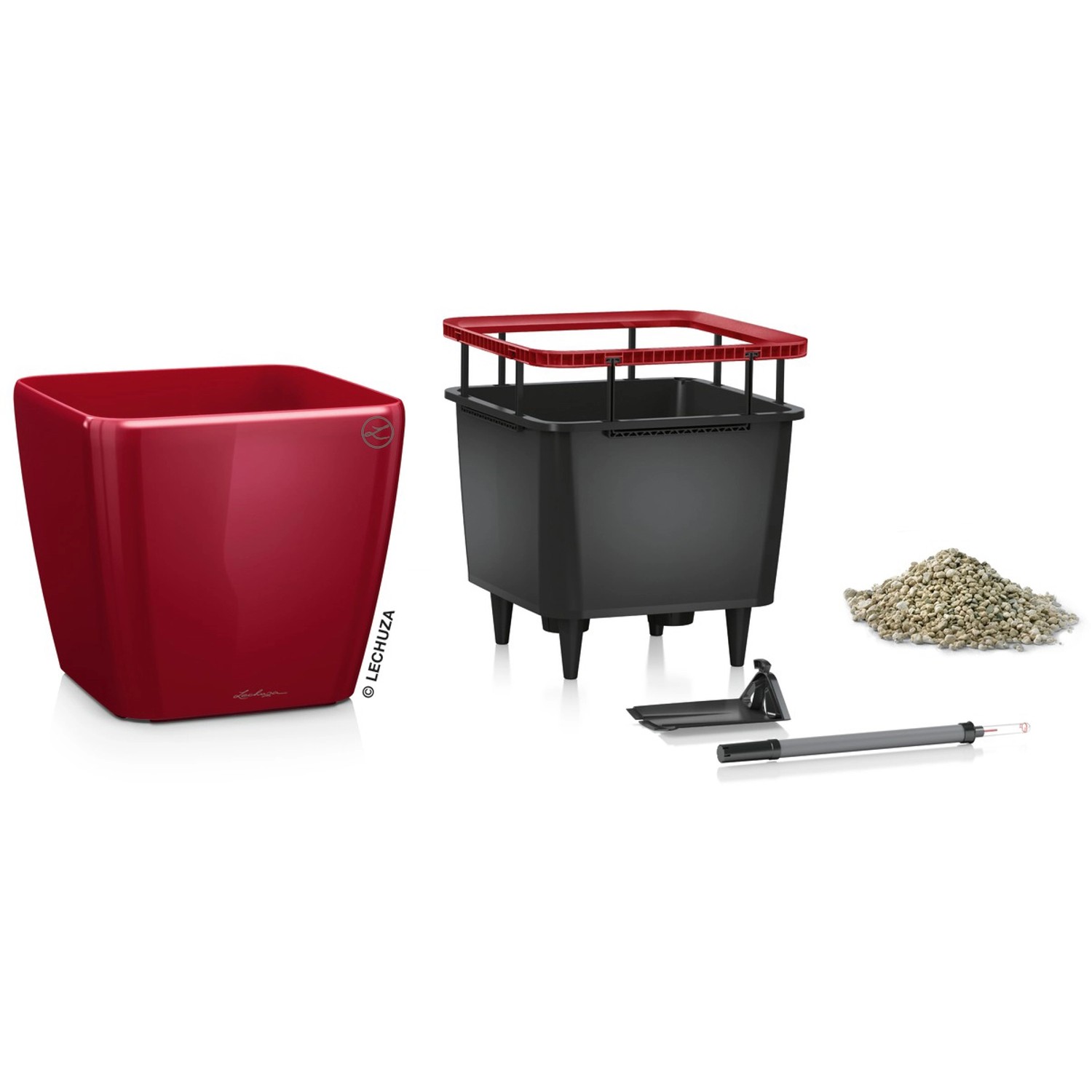 Lechuza Quadro Premium LS Pflanzgefäß, 43x43x40 cm, Scarlet Rot, mit Bewässerungssystem und Zubehör.