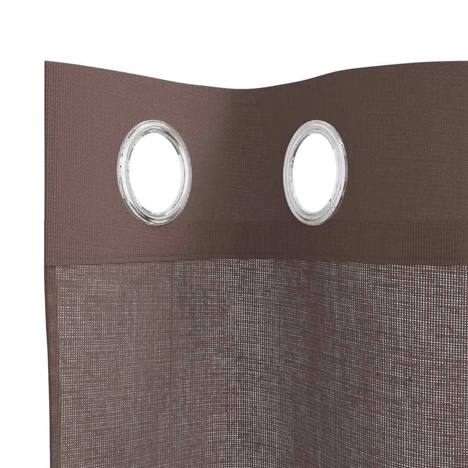 Brauner Voile Fenstervorhang mit zwei silbernen Ösen, aus halbtransparentem Polyestergewebe.