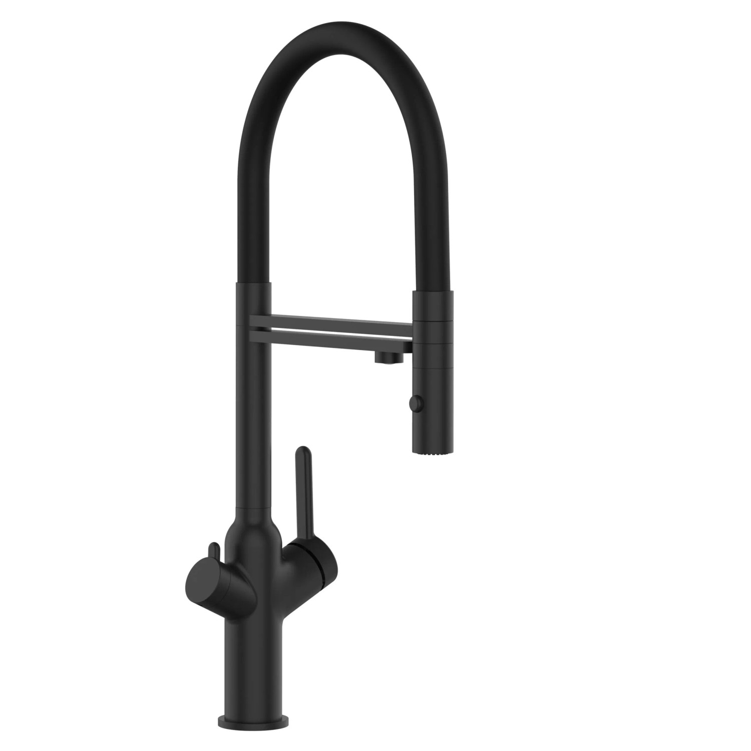 Schwarze VIZIO Küchenarmatur mit schwenkbarem Auslauf und Handbrause.
