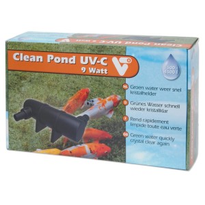 Produktverpackung Velda Clean Pond UV-C 9 Watt Teichklärer mit Gerät und Koi-Fischen für klares Wasser.