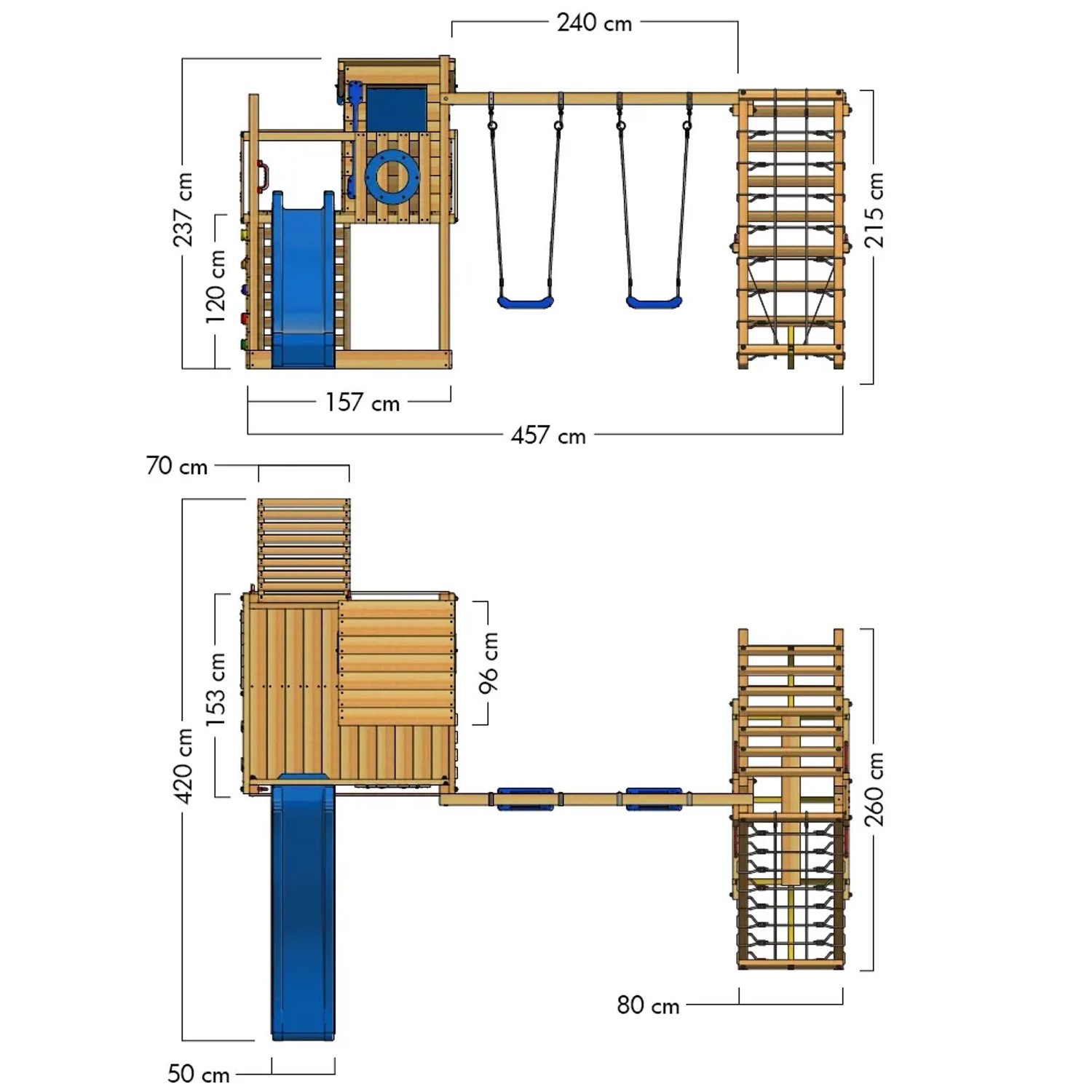 Draufsicht Wickey Spielturm Smart Surf mit Rutsche, Kletterwand und Schaukel in Pastellblau, Maße.