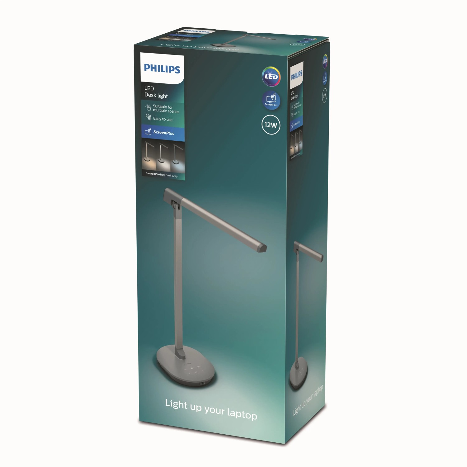 Verpackung der Philips Sword LED-Tischleuchte, dunkelgrau, 12W, mit USB-Ladefunktion.