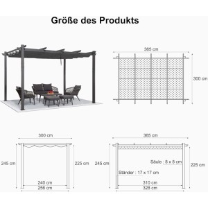 Graue Aluminium Pergola mit Schiebedach, 300x365x245 cm. Zeigt Maße und Nutzung als Pavillon für Garten & Terrasse.