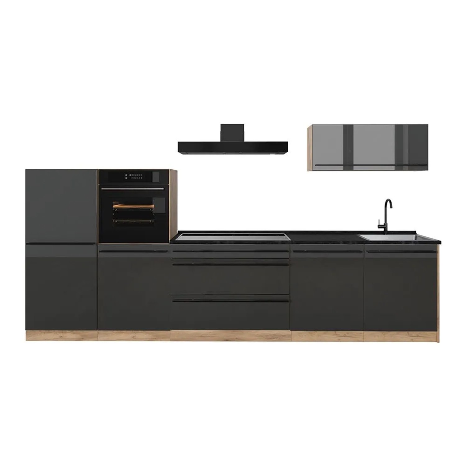 Vicco Küchenzeile R-Line Anthrazit Hochglanz/Goldkraft Eiche 340 x 143 Arbeitsplatte Anthrazit Art Nr 66525