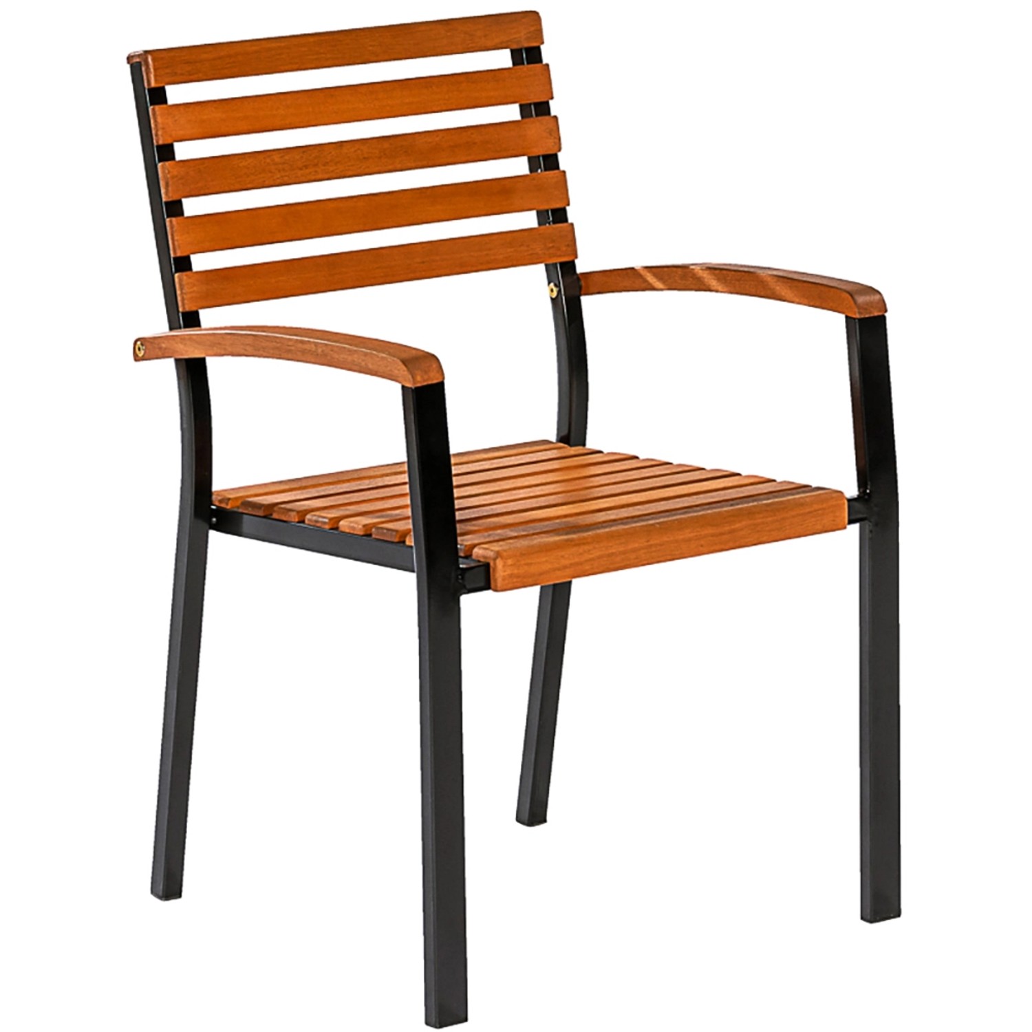 Merxx Stapelsessel Schlossgarten, Teil eines 7-teiligen Gartenmöbel-Sets, mit Eukalyptusbelattung und graphitfarbenem Gestell.