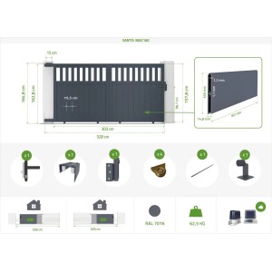 Casanoov Schiebetor Santis 3M, grau, mit Pfosten. Schema mit Maßen und Zubehör.