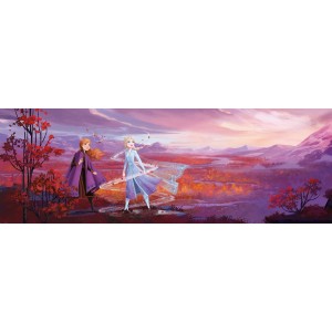 Disney Fototapete „Die Eiskönigin“ Panorama in Lila (368x127 cm) mit Anna und Elsa vor Landschaft.
