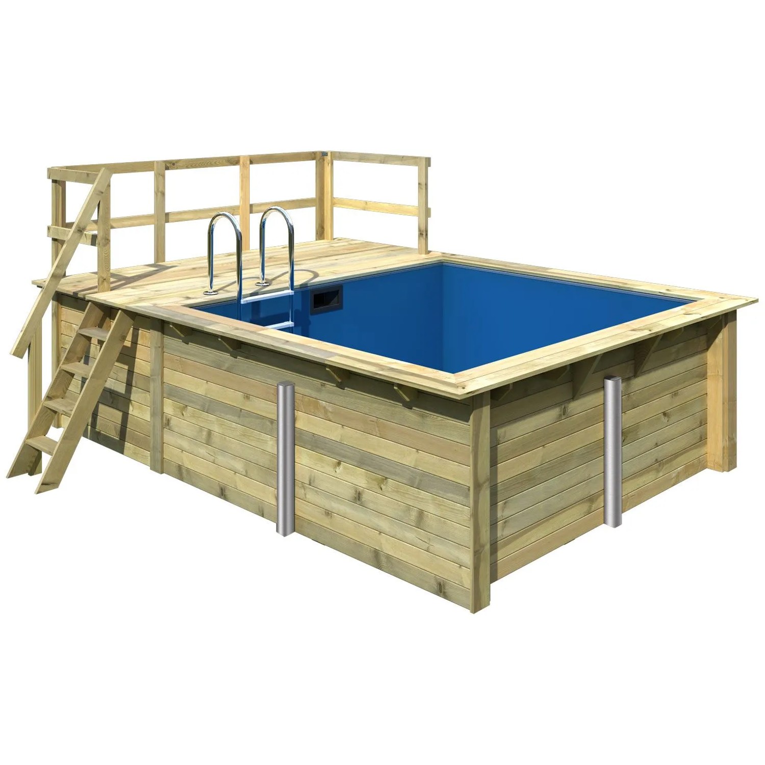 Karibu Holzpool mit Terrasse, blauer Innenhülle und Leiter. Ideal für den Garten.