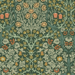 Grüne Vliestapete Blackthorn von William Morris mit Blumenmuster, 10x0,52m.