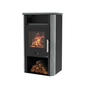 Wamsler Cube NS Kaminofen, Naturstein, Schwarz, 6 kW. Moderner Küchenofen mit Holz und Flammen im Brennraum.