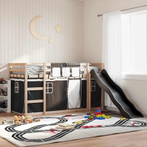 vidaXL Etagenbett mit Rutsche, weiß/schwarz, 80x200 cm. Abenteuerbett mit Vorhängen.