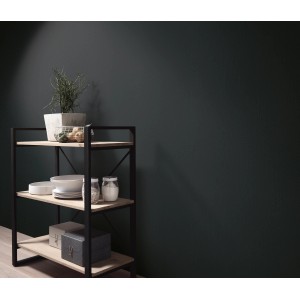 Schwarze Erismann Vliestapete Martinique Colour Passion an Wand hinter Regal.