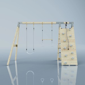 PolarPlay Klettergerüst Waschbär Eisblau mit Schaukel, Trapez und Kletterwand.