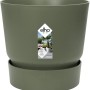 Elho Blumentopf Greenville, rund, 18 cm, Laubgrün. Kunststoff Pflanztopf mit integriertem Untersetzer.