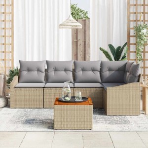Beiges 6-tlg. vidaXL Garten-Sofa-Set aus Poly Rattan mit Kissen und Tisch.