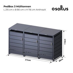 osoltus PedBox Mülltonnenbox mit Pedal für 3 Mülltonnen, Anthrazit, 215x116 cm, Alu verzinkt. Garten-Ordnung.