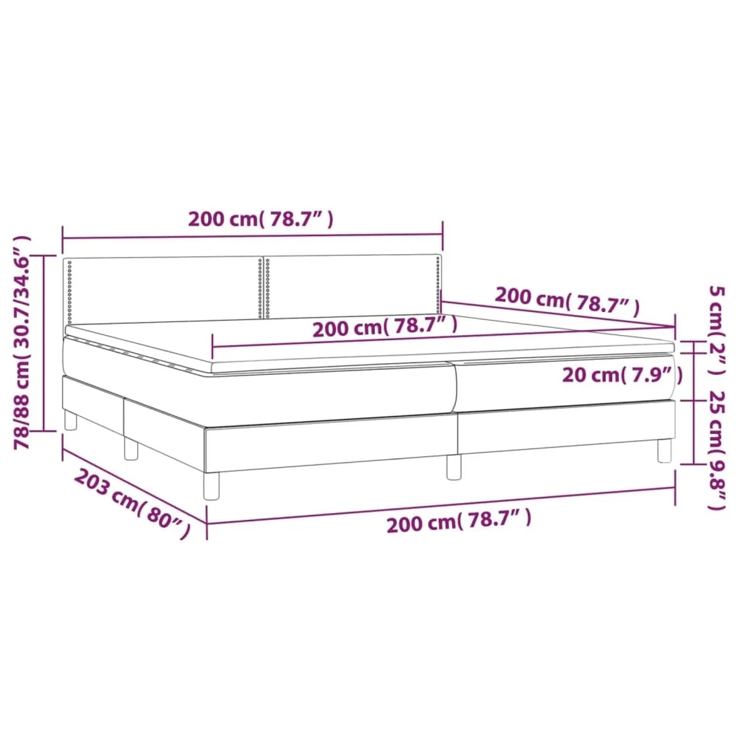 Dunkelblaues vidaXL Boxspringbett 200x200 cm mit Matratze und Maßangaben.