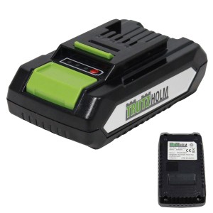TRUTZHOLM Akku für Heckenschere, 20V 2Ah, mit grünen Akzenten und Ladezustandsanzeige.