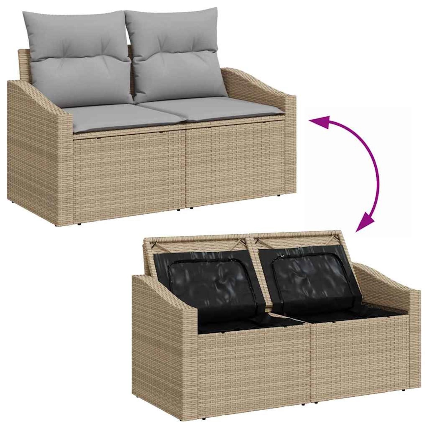 Beiges 6-tlg. vidaXL Garten-Sofa-Set aus Poly Rattan mit Stauraum.