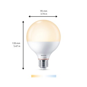 Philips Smart LED-Leuchtmittel E27 Globe, 11W, tunable white, mit Maßangaben.
