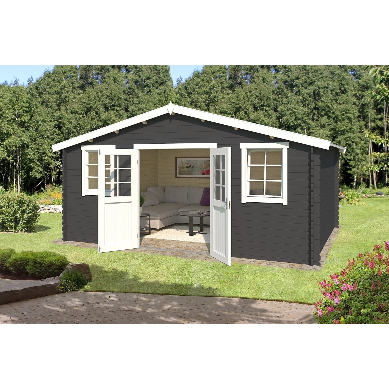 Lasita Holz-Gartenhaus Udo 380 Flachdach Carbongrau Lasiert 480 cm x 380 cm